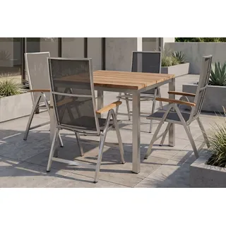 STERN Cardiff Garten-Essgruppe, silber/silbergrau, Edelstahl/recyceltes Teak, Tisch 90 x 90 cm, 4 Klappstühle, FSC®-zertifiziertes Produkt