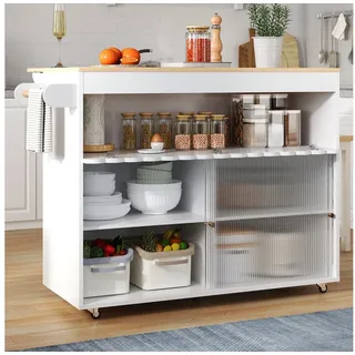 i@home Kücheninsel Organizer für Küche & Terrasse, (klappbar, Eichenfurnier-Platte, Glas-Schiebetüren, verstellbare Einlegeböden), Servierwagen auf Rollen 122 x 46(69) x 91cm, für Buffet & Party weiß