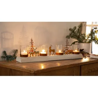 Kerzen Teelicht Halter Winterzauber Tanne Hirsch Schnee Rostdesign Holz 48 cm