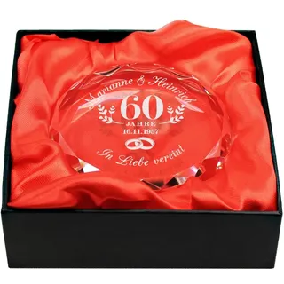 Gravado Briefbeschwerer aus Glas, Motiv Ringe mit Personalisierter Namensgravur und Datum, Diamantene Hochzeit, 60 Jahre, Geschenkidee für Liebespaare