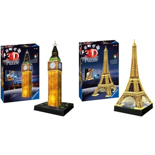 Ravensburger 125791 Eiffelturm bei Nacht Puzzle 3D-Puzzle Bauwerk Night Edition, 216 Teile & 12588 3D-Puzzle Big Ben bei Nacht