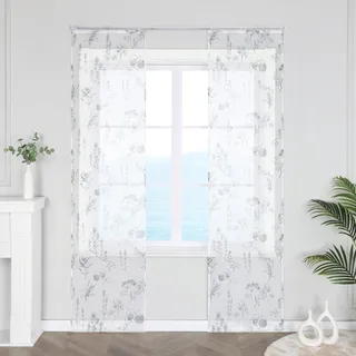 ESLIR Schiebegardinen Voile Flächenvorhänge Set 2er Weiß Schiebevorhang mit Klettschiene Wohnzimmer Gardinen mit Klettband Gardinenschals Transparent Landhaus Grau BxH 57x145cm 2 Stück