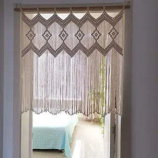 Ricemru Makramee Scheibengardinen Landhausstil Beige 90x85cm Handgemacht Weben Baumwolle Kurz Boho Bistrogardinen Scheibengardine Kurzstore Küche Wohnzimmer Schlafzimmer