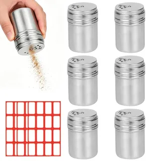 mini salzstreuer,6 Stück Mini Salzstreuer, Set Mit 3 Aufklebern, 15ml Edelstahl Salzstreuer Mini, Neu verbessert, kein Deckel mehr nötig, einfach aufdrehen! Für Picknicks(4 S-Loch)