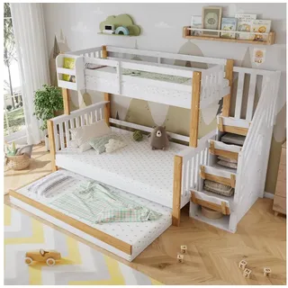 HAUSS SPOLE Etagenbett mit drei Bettpositionen, mit Rollbett, Ecktreppe, Weiß 90/120x200cm (Etagenbett,Funktionsbett, mit Rollbett und Stauraum, Kinderbett,Stauraumbett mit Gitter, Etagenbett), ohne Matratze