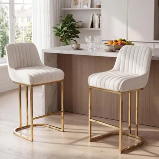 Ya-Home Barhocker 2er Set Barstuhl aus Samt tresenhocker mit goldenem metallbein gepolstert bistrohocker mit Rückenlehne Thekenhocker ohne armlehne für Kücheninsel/Hausbar, Weiß