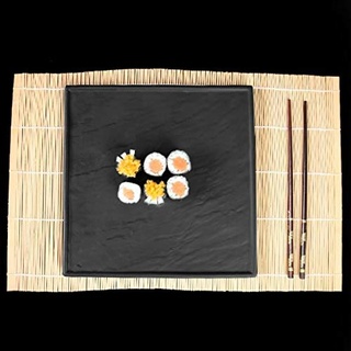 4er Pack Sushi-Teller 26 x 26 cm cm Porzellan in Natursteinoptik, Schieferporzellan schwarz