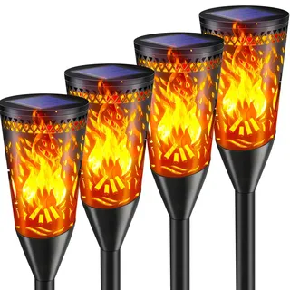 FIFlying Solarlampen für Außen Garten, 2 Lichtmodi Solar Gartenfackeln mit Realistischem Flammeneffekt,IP65 Wasserdicht Solarfackeln für Draußen,Weg,Terrasse, Camping, Rasendeko-4 Stück