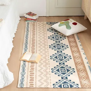 Homxi Außenteppich Terrasse Rechteckig 85 x 160 cm, Bettvorleger Schlafzimmer Leinen Baumwolle, Geometrisch Muster, Teppich Khaki Blau Kinderzimmer