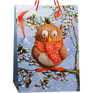 alles-meine.de GmbH 1 Stück große - Geschenktasche/Geschenkbeutel - Eule im Winter Groß - 35 cm ! Geschenktüte - Weihnachtstüten - A4 - Tasche Kinder Erwachsene - Wei..
