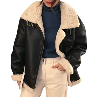 Minetom Damen Mäntel Warm Streetwear Winterjacke Hahnentritt Motorradjacke Kunstleder Fleece Outwear Jacke Parka Mit Taschen C Schwarz S - S