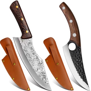 COOSNUG 2in1 Outdoor-Messer Hackmesser Küchenmesser mit Lederhülle Handgeschmiedete Ausbeinmesser Kochmesser Profi Wikinger Messer Japanisches Metzgermesser für Küche Grillmesser