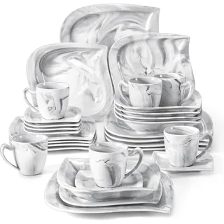 MALACASA, Serie Elvira, 30 tlg. Marmor Porzellan Kombiservice Tafelservice mit Kaffeetassen, Untertassen, Dessertteller, Suppenteller und Flachtell... - Grau/Weiß