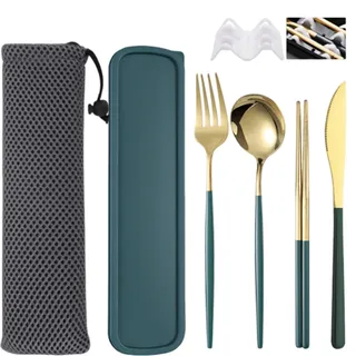 Fleymu Campingbesteck und Reisebesteck, 4 Stück Tragbares Edelstahl-Besteck-Set, wiederverwendbares Camping-Besteck mit Organizer und Kordelzugbeutel, für Büro, Schule und Reisen. (Gold Grün)