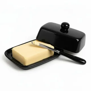 Butterdose Keramik mit Deckel, Schwarze Porzellan Butterdose inklusive Buttermesser, Butterbehälter für 250g Butter, Butter Schale für Küche & Esszimmer