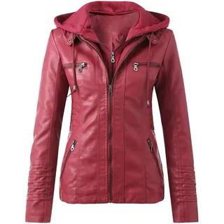 SkotO Lederjacke Damen Große Größen - Kunstlederjacke Mit Kapuze Kurz Bikejacke Lederimitat Übergangsmantel Winddicht Motorradjacke Softshell Fahrradjacke Wasserdicht Atmungsaktiv Softshelljacke - M