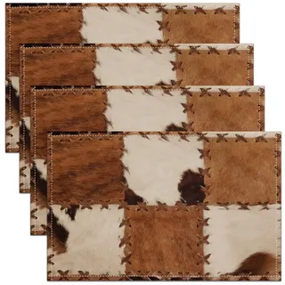 Kuhfell Tischsets 30x45 Patchwork Kuhfell Druck Abwischbare Platzset für Esszimmer Terrassentisch Küche Dekor Bauernhof Tier Tischsets 4er Set Western Cowboy Hitzebeständige Tischsets, Braun Weiß