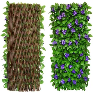 Künstlicher Efeu-Zaun Hecken Sichtschutz Balkon Terrasse 30 x 200 cm Lila Blumen