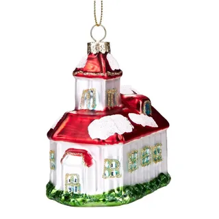 BRUBAKER Christbaumschmuck Mundgeblasene Baumkugel Verschneite Kirche, schöner Weihnachtsanhänger aus Glas, handbemalt grün|rot
