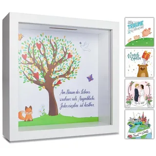 GLÜCKSWOLKE Spardose mit 9 Motive zur Auswahl, (Wunscherfüller, Dream Big, Lebensbaum, Travel, Hochzeit, Sparschwein, Mäuse, Monster, Dschungel, Kinder), Geldgeschenke Verpackung für Geburtstag I Sparbüchse Junge & Mädchen weiß