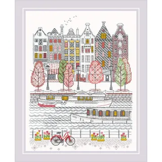 Riolis 2051 Stadt am Wasser Zählmuster-Kreuzstich-Set 24.1 x 29.8 cm | 14 ct weiß Zweigart Aida, 9 Anchor-Baumwolle Farben, Mittelstufe, Stickvorlage & Nadel inklusive, Stick-Geschenkset