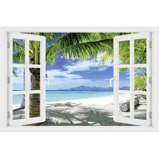 DesFoli Wandtattoo Palme am Strand Meer Paradies - verschiedene Rahmentypen DW000180 Farbe Fensterrahmen Querformat, Größe 150 cm x 100 cm