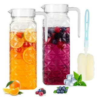 QLFJ-FurDec 2 Pack 1.1L Wasserkaraffe kanne mit Deckel und Griff, Acryl Transparenter Karaffe Krug, Wasserkrug Pitcher für Kühlschrank, Leicht zu Reinigender Karaffe Glas für Milch