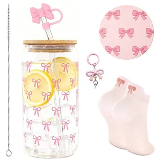 Chsukozic Rosa Schleifen Sachen Glas, Ästhetik Süße Sachen 500ml Gläser Clean Cute Girl Stuff Room Decor Glas mit Deckel und Strohhalm Geschenke für 9 10 11 12 Jährige Mädchen