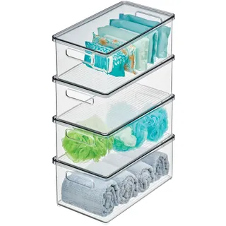 mDesign 4er-Set Kosmetik Organizer – praktische Kosmetikaufbewahrung aus Kunststoff mit abnehmbarem Deckel – stapelbare Kunststoffbox zur Aufbewahrung von Kosmetik und Make-up – durchsichtig/grau