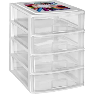 Hummelladen Schubladenbox DIN A4 mit 4 Schubladen 35,5x26,5x35 cm - Weiss-transparent Kunststoff Drawer Tower Box Organizer für Schreibtisch Easy-Pull-System