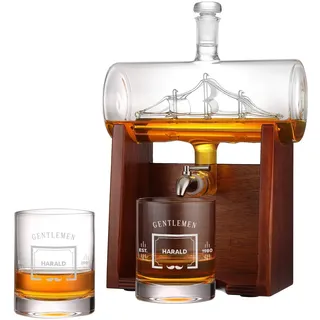 Geschenkset Whiskey mit 2 personalisierte Whiskygläser 320ml, Geschenk für Männer, 1000ml Whiskey-Dekanter luftdicht mit Holzständer und Edelstahlhahn, optimal für Whisky Gin Scotch Cognac