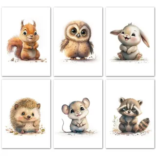 LAVEMA Kinderzimmer Bilder | Glückliche Waldtiere | Poster A4 (21x30cm) ohne Bilderrahmen | Babyzimmer Deko | Wandbilder Junge Mädchen | Kinderzimmer Wanddeko Tierbilder