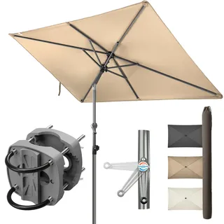 Menz SunnyShade Sonnenschirm Balkon mit Halterung im 3-er-Set, UV 50+, 210x140 cm, Taupe, Balkonschirm mit Sonnenschirmhalter, Sonnenschirm rechteckig, Sonnenschutz Balkon, für Balkongeländer