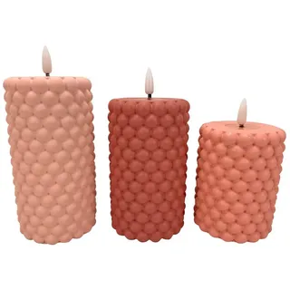 Online-Fuchs LED-Kerze - 3er Set LED-Kerzen aus Beton in Bubble Optik mit 6-Stunden Timer (filigran & modern, Rosa, Hellgrün, Blau, Rot, Gelb), realistische Flamme mit Spiegeloptik rosa
