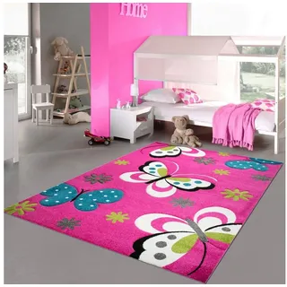 Kinderteppich Lebhafter Schmetterling-Teppich für Kinderzimmer in pink, Teppich-Traum, rechteckig, Höhe: 13 mm grau|grün|rosa 80 cm x 150 cm x 13 mm