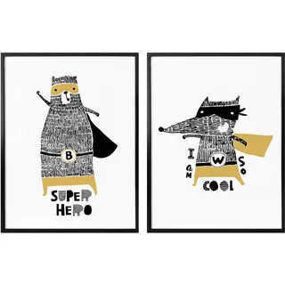 Poster WALL-ART "Kinderzimmer Superheld Bär Fuchs Set" Bilder Gr. B/H: 50 cm x 60 cm, bunt Poster ohne Bilderrahmen