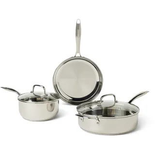Amazon Basics Topf-Set 5-tlg. Edelstahl-Pfanne + Edelstahl-Topf + Glasdeckel