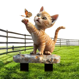 Kätzchen und Solar Schmetterling Statue - Katzen Statue mit Solar Schmetterling | 2D Flache Acryl Katze mit Schmetterling Figur | Langlebige Katze Garten Panel Ornament | 2D Flach Jagd Schmetterling