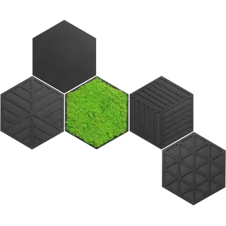 ebenkunst Hexagon 5er Set Minimal Moosbild – Wanddeko aus MDF | Schwarz durchgefärbtes MDF, 5-teilig, ca. 68,6 x 56,6 cm, konserviertes Islandmoos, 6 Farben, Made in Germany