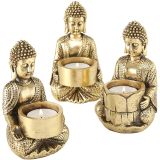 Baby Buddha Teelichthalter, 3er-Set, Gold, handgeriebenes, vergoldetes Finish, schwarze Patina, gegossenes Polyharz, 14 cm hoch