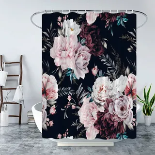 LAEDCIITI Schwarzer Duschvorhang mit Blumenmuster, Retro-Stil, Boho, Aquarell-Blume, Rose, elegant, rustikal, Pfingstrose, Vintage, Blätter, Blüte, bunt, modern, ästhetisch, Frühlingspflanze,