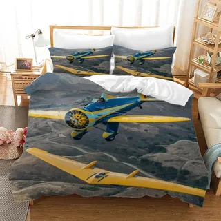 ALYOU Flugzeug Bettwäsche 200x200 cm Doppeldecker Muster Bettbezug und 2 Kopfkissenbezug 80x80 cm, 110gsm Mikrofaser Flauschige Pflegeleichtigkeit Bettwäsche Set mit Reißverschluss