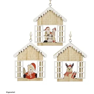 Hti-Living Baumschmuck Häuschen Fenster, 3er Set Holz Baumschmuck Häuschen Fenster, 3er Set Holz
