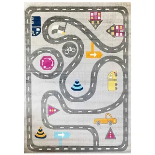 Vimoda Kinderteppich Auto Strasse muster, Rechteckig, Höhe: 8 mm, Spielteppich Auto Verkehr Bus Straße Muster in Blau & Grau braun|grau 140 cm x 200 cm x 8 mm