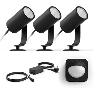 Philips Hue Lily Basis set mit 3 Gartenstrahler (Anthrazit) - Weißes und Farbiges Licht - inkl. 1 Stromkabel, 1 Hue Bewegungsmelder für Außen - Gartenbeleuchtung - Hue White and Color Ambiance