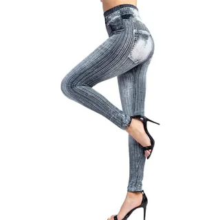 Damen Jeansoptik Leggings Übergroße Jeggings Gestreifte Treggings Elastic Jeans Lange Tights High Waist Skinny Hosen Strumphose Dear-XiaoBao