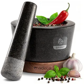 madeco Mörser Granit Mörser mit Stößel auf Holzsockel - für Gewürze & Kräuter, (Set, 2-tlg), Ø 14,5 x 10 cm, 450 ml Füllvolumen braun