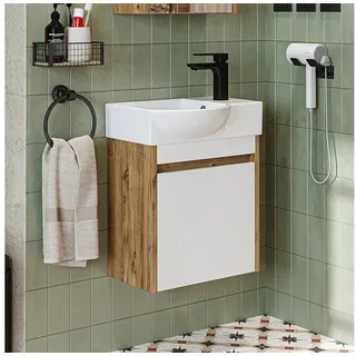 Roomart Badmöbel-Set LEO Gäste-WC Möbel 4-teilig, Unterschrank & Spiegel, Soft-Close, (Badmöbelset Unterschrank mit Waschbecken Badezimmer Möbel Gäste WC), Kompaktes Gäste-WC-Set, modular wählbar, Soft-Close