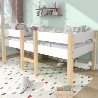 Flieks Kinderbett 90x190cm mit Rausfallschutz und Lattenrost, Kiefernholzbett Einzelbett Hochbett Weiß - Weiß