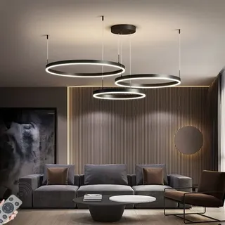 LED-Pendelleuchte Modern Dimmbar Hängeleuchte Ring Kreis Hängelampe Esstisch Pendellampe Aluminium Kronleuchter Deckelampe Für,Kücheninsel,Wohnzimmer,Color : Schwarz, Größe : 3 rings/80+60+20CM/68W